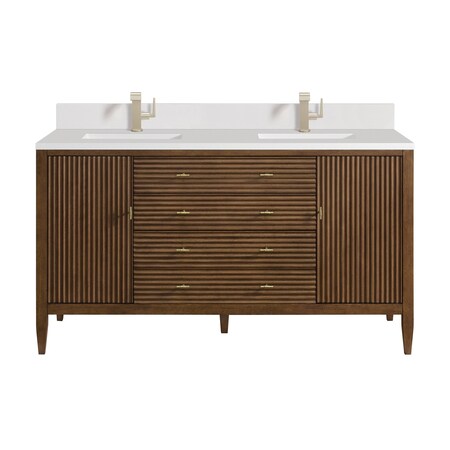 James Martin Vanities 60'' Double Vanity, Mid Century Walnut w/ Single Hole 3 CM White Zeus Quartz Top & Backsplash 485-V60D-WLT-1WZ